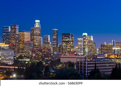 Los Angeles Skyline At Night With Blue Night Sky.