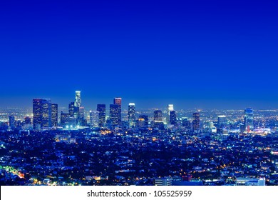 Los Angeles Skyline At Night With A Clear Sky.