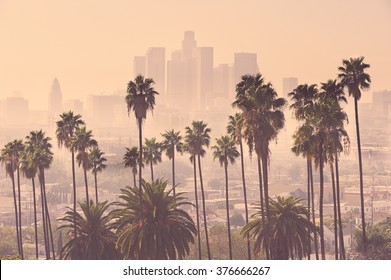 Los Angeles skyline with palm trees in the foreground - Shutterstock ID 376666267
