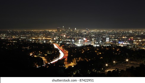 Los Angeles Skyline Viewed From Mulholland Drive At Night.