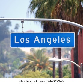 Los Angeles Street Sign With Palm Trees In Southern California.  