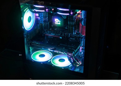 Los Angeles, United States 24 September 2022: Gaming Workstation Battle Station Custom Pc Building Rgb Illuminated Computer Setup Interior