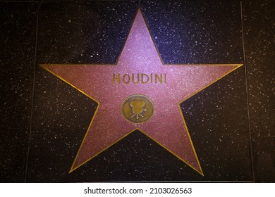 LOS ANGELES, UNITED STATES - Dec 31, 2021: World famous magician Houdini, immortalized with a star on the Walk of Fame in Hollywood
