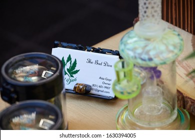 LOS ANGELES, UNITED STATES - Feb 09, 2019: Cannabis Plant And Pipe At Weedweek Recharge LA , Weed Industry Networking Event.