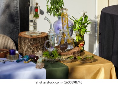 LOS ANGELES, UNITED STATES - Feb 09, 2019: Cannabis Plant And Pipe At Weedweek Recharge LA , Weed Industry Networking Event.