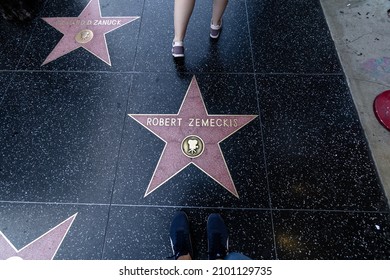 LOS ANGELES, UNITED STATES - Oct 14, 2019: A Wide Shot Of The Floor In Hollywood Hall Of Fame, With The Name Of Robert Zemeckis, Los Angeles California