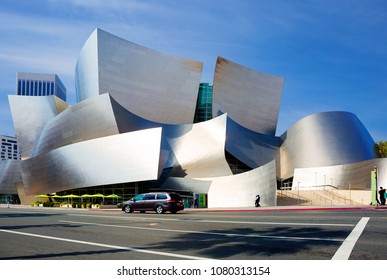 Los Angeles, USA, 02/28/2016, Concert Hall. Walt Disney. Amazing Architecture Of The Building. The Exterior Of The Building Is Formed By A Series Of Wavy Curved Stainless Steel Surfaces. 