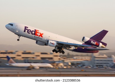 Los Angeles, USA - 09 29 2009: MD10 Cargo Airplane Lifting Off The Runway In LAX Los Angeles For A Freight Flight