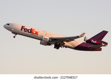 Los Angeles, USA - 09 29 2009: MD11F Cargo Airplane Lifting Off The Runway In LAX Los Angeles For A Freight Flight