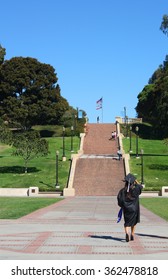 Los Angeles, USA. 09.19.2011. Stairs And A Female Student In A Graduation Outfit And Hat At UCLA (University Of California Los Angeles).