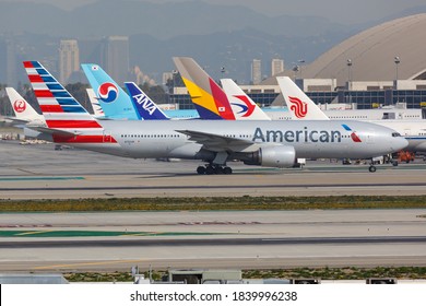 Los Angeles, USA - 20. February 2016: American Airlines Boeing 777-200 at Los Angeles airport (LAX) in the USA. Boeing is an aircraft manufacturer based in Seattle, Washington.