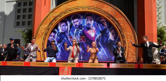 LOS ANGELES, USA. April 23, 2019: Ken Feige, Chris Hemsworth, Chris Evans, Robert Downey Jr., Scarlett Johansson, Mark Ruffalo & Jeremy Renner At 