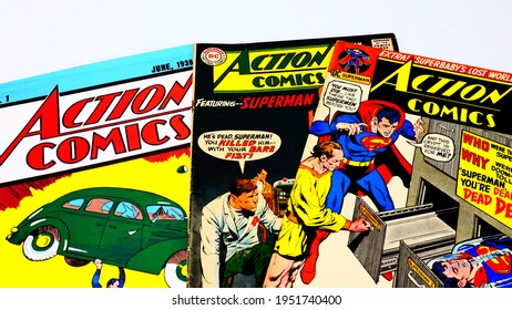 Los Angeles, USA – April 7, 2021: Covers of ACTION COMICS, American Comic book with Superman the first major superhero characters