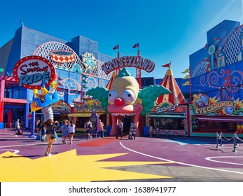 Los Angeles, USA - August, 2019: Krusty Land at the Simpsons area of the Universal Studios Los Angeles, California