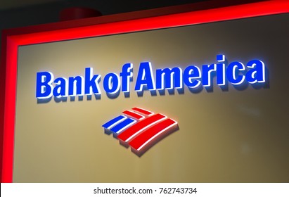 LOS ANGELES, USA - AUGUST 28, 2017: The logo of Bank of America in LAX airport. Bank of America is a banking and financial services corporation. Editorial.