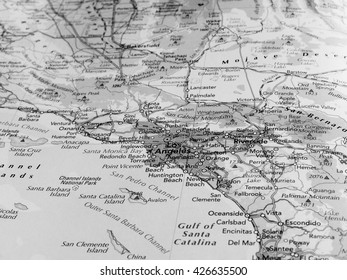 LOS ANGELES, USA - CIRCA MAY 2016: Detail of a map of the city with selective focus on town name in black and white