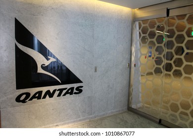 LOS ANGELES, USA – DECEMBER 17 2017: Qantas Logo On Display At The Qantas First Class Lounge At LAX International Airport.