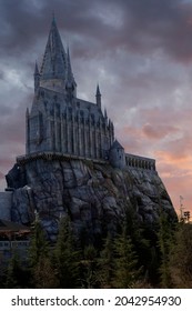 Los Angeles, USA - February 25, 2016: Hogwarts Castle At Universal Studios Theme Park.
Hogwarts Is A Castle That Houses The School Of Young Wizards, Known From The Book By J.K. Rowling On The Adventur