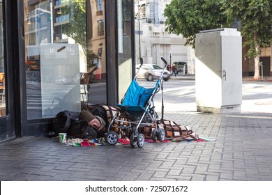 LOS ANGELES, USA - JAN 02, 2017. Poverty in Los Angeles Skid Row and Downtown districts, poor homeless people living on the streets