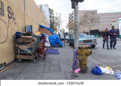 LOS ANGELES, USA - JAN 02, 2017. Poverty In Los Angeles Skid Row And Downtown Districts, Poor Homeless People Living On The Streets