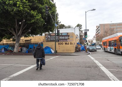 LOS ANGELES, USA - JAN 02, 2017. Poverty in Los Angeles Skid Row and Downtown districts, poor homeless people living on the streets