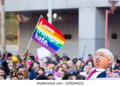 Los Angeles, USA - January 19, 2019: Protester Holding A Flag During 3rd Womens March In Los Angeles.