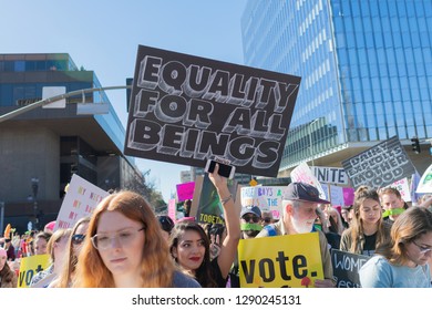 Los Angeles, USA - January 19, 2019: Protesters Holding A Sign During 3rd Womens March In Los Angeles.