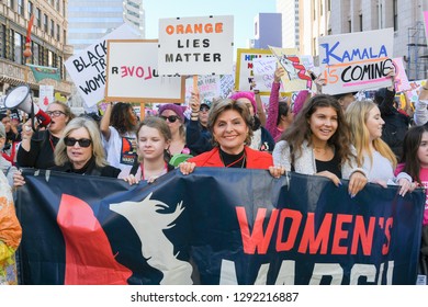 Los Angeles, USA - January 19, 2019: Women Protesters Hold Posters During During 3rd Womens March In Los Angeles.