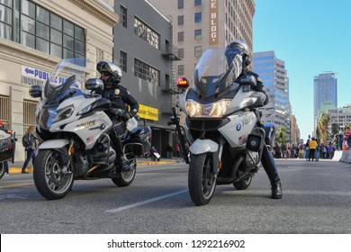 Los Angeles, USA - January 19, 2019:  Police Department Motorcycle Officers During 3rd Womens March In Los Angeles.