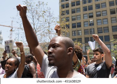 Los Angeles, USA - July 12, 2016 -  Black lives matter protestors march on City Hall following ruling on LAPD fatal shooting of African American female Redel Jones