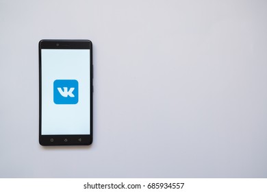Los Angeles, USA, july 13, 2017: Vkontakte logo on smartphone screen on white background.