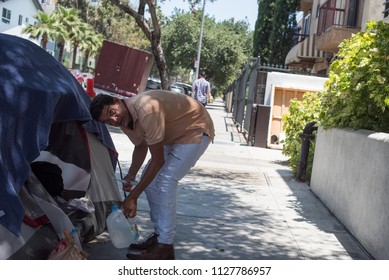 Los Angeles, USA - July 29: Unidentified random people in the streets of Downtown of Los Angeles, CA on July 29, 2018.

