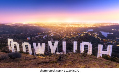 LOS ANGELES , USA - JUNE 12, 2018 - Back Of The Hollywood Sign At Sunset