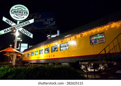 Los Angeles, U.S.A. - June 2 2011: Night View Of An Old Railway Carriage Transformed In Restaurant In Sunset Strip