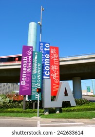 LOS ANGELES, USA - JUNE 27, 2005: Banners Greeting Travelers To Los Angeles In Many Languages Outside The Los Angeles International Airport (LAX) In California.