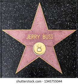 LOS ANGELES, USA - MAR 5, 2019: Closeup Of Star On The Hollywood Walk Of Fame For Jerry Buss.