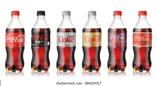 LOS ANGELES , USA - MARCH 13, 2015 Photo of Coca-Cola plastic bottles isolated on white background. Coca Cola is the most popular carbonated soft drink beverages sold around the world