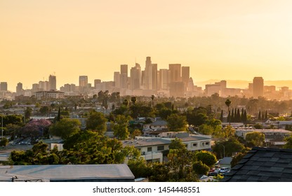 Los Angeles, USA - May 27 2018: View of Downtown skyline at golden hour, Los Angeles, California, United States of America, North America