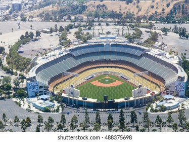 LOS ANGELES, USA - MAY 27, 2015: Aerial View Of The Dodger Stadium In Elysian Park. The Stadium And The Stands And The Parking Lots Around It Are Empty.