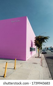 Los Angeles, USA - November 10, 2019: The Paul Smith pink wall on Melrose Avenue. It's very popular touristic spot in LA.