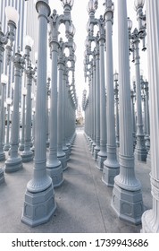 Los Angeles, USA - November 10, 2019: 'Urban Light' is a large-scale assemblage sculpture by Chris Burden at the Los Angeles County Museum of Art.