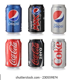 LOS ANGELES , USA - NOVEMBER 13, 2014 Collection of various brands of soda drinks in aluminum cans isolated on white. Brands included in this group are Coca Cola and Pepsi