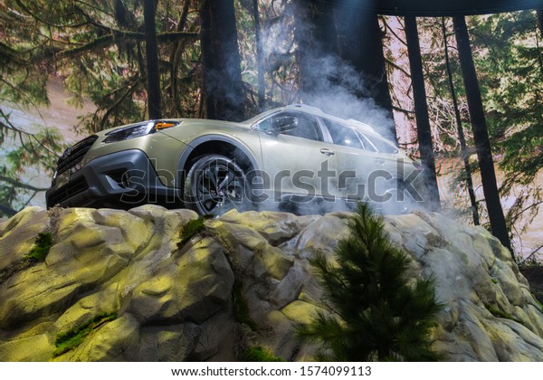 Los Angeles, USA - November 20,\
2019: Subaru Outback on display during Los Angeles Auto\
Show.