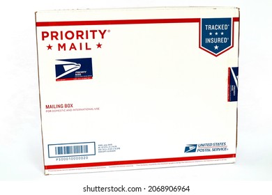 Los Angeles, USA - November, 2021: PRIORITY MAIL Mailing Box By USPS United States Postal Service 