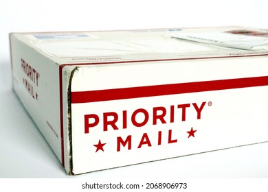 Los Angeles, USA - November, 2021: PRIORITY MAIL Mailing Box By USPS United States Postal Service 