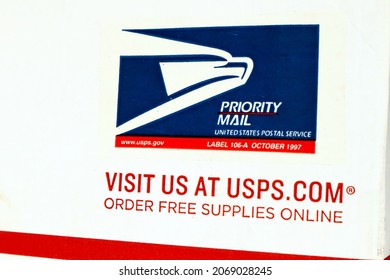 Los Angeles, USA - November, 2021: Detail Of PRIORITY MAIL Mailing Box By USPS United States Postal Service