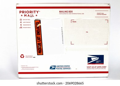 Los Angeles, USA - November, 2021: PRIORITY MAIL Mailing Box By USPS United States Postal Service 