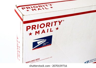 Los Angeles, USA - November, 2021: PRIORITY MAIL Mailing Box By USPS United States Postal Service 