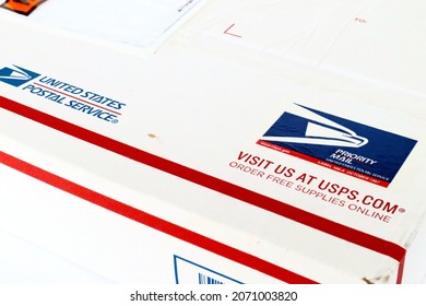 Los Angeles, USA - November, 2021: PRIORITY MAIL Mailing Box By USPS United States Postal Service 