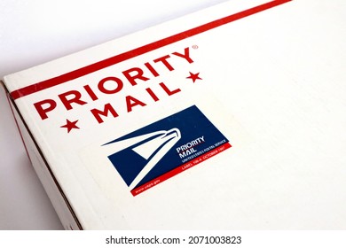 Los Angeles, USA - November, 2021: PRIORITY MAIL Mailing Box By USPS United States Postal Service 